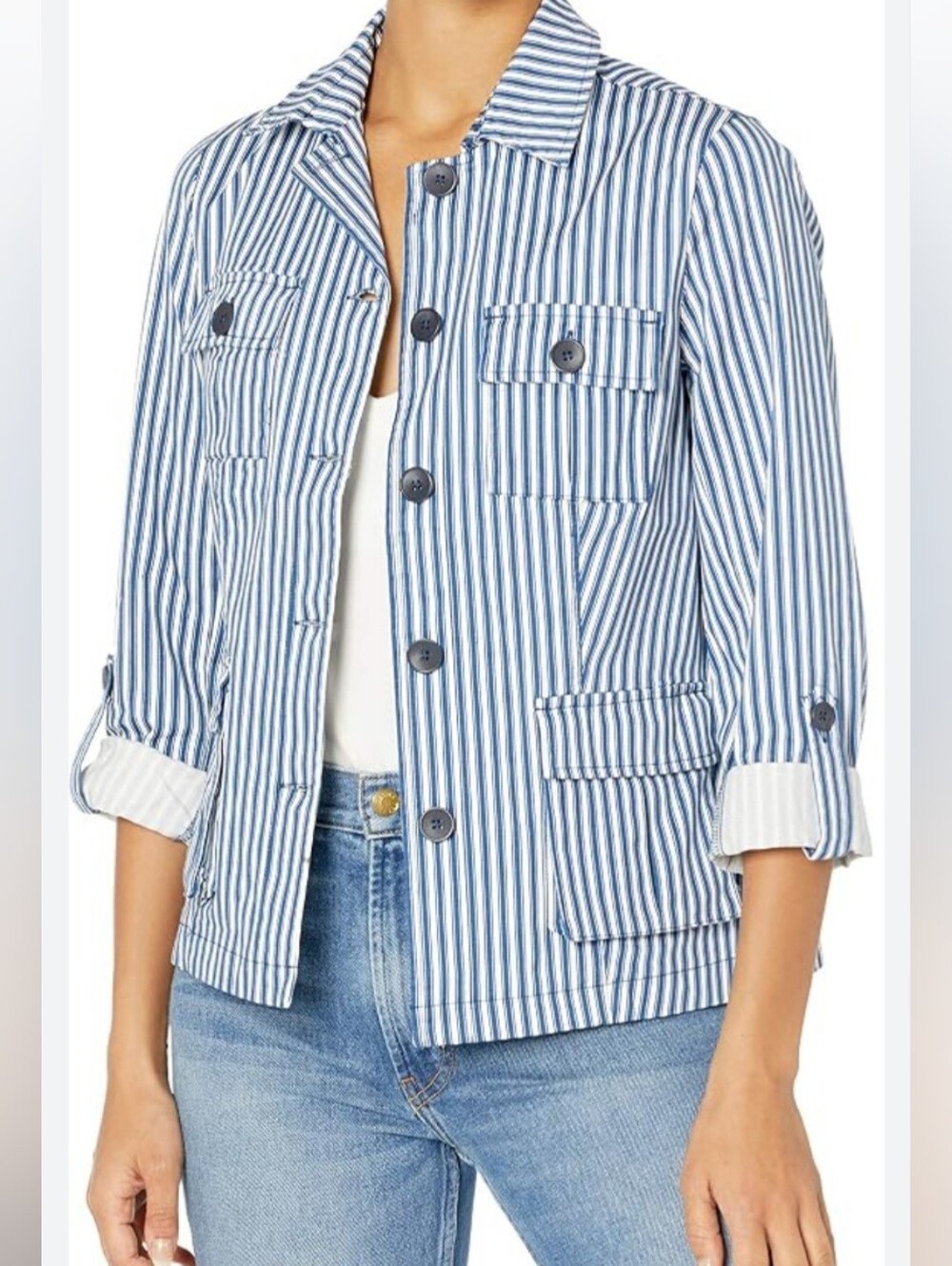 Tribal XL Striped Blue & White Button-Up Jacket, Cuffed Sleeve, Two Front Pocket